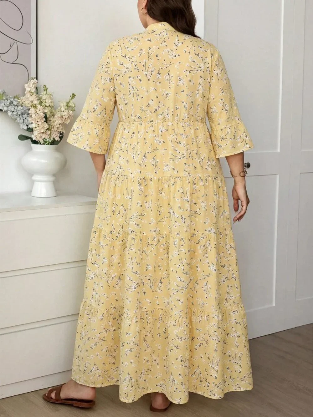 Yellow Boho Women's Ditsy Floral Sleeve Patchwork Tiered Maxi Dress